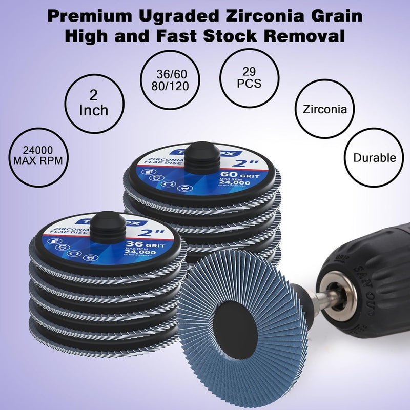 TSOAPX 29 PCS Flap Discs Set, 2 Inch Zirconia Roll Lock Die Grinder Sanding Disc 36/60/80/120 Grit T27 with 1/4" Disc Holder for Cleaning Finishing Deburring of Irregular Surfaces - Image 3